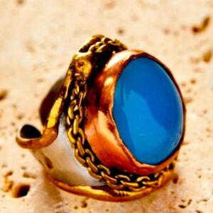 Artesian, genuine blue chalcedony stainless steel cuff ring